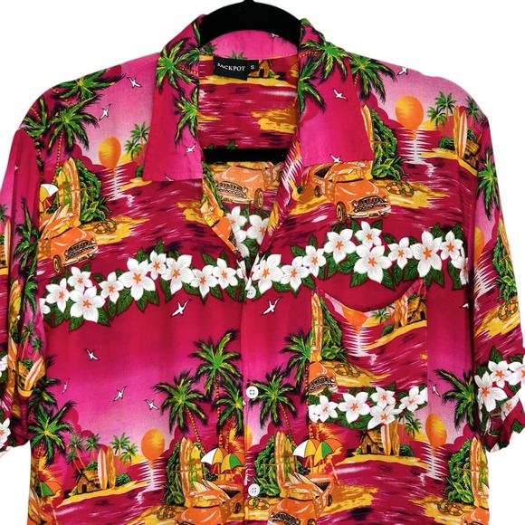 Vintage Jackpot Hawaiian Shirt Men Small Pink Floral Tropical Luau Tiki Vacation - Picture 3 of 11